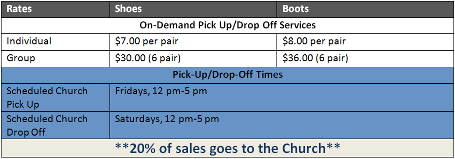 Table with shoe shine prices for church groups