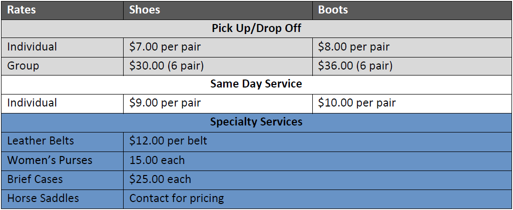Table with shoe shine prices